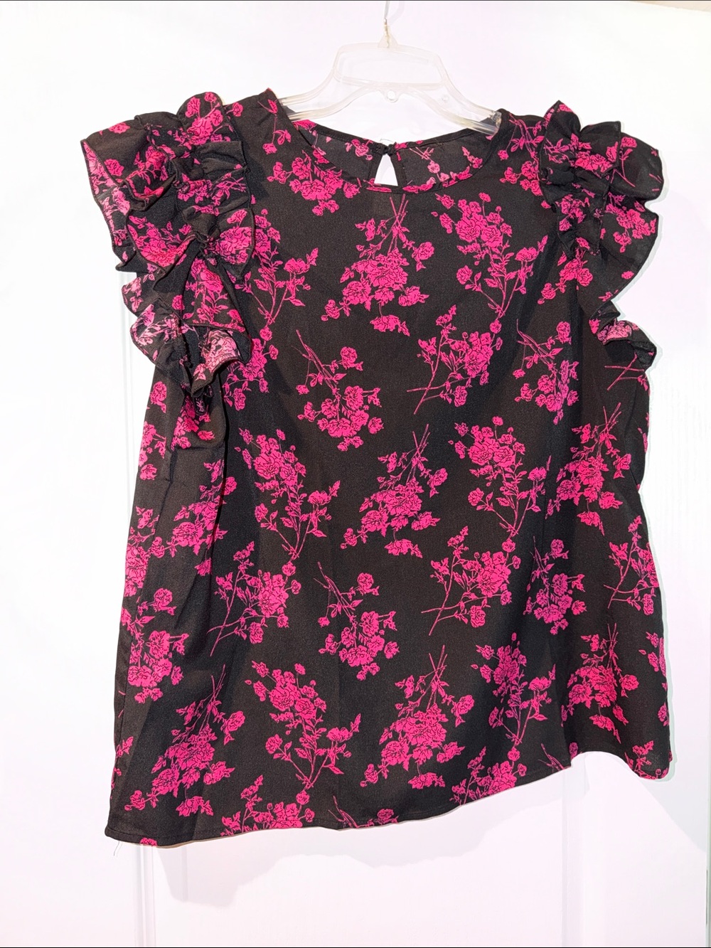 SHEIN Black Blouse with Hot Pink Floral Ruffles